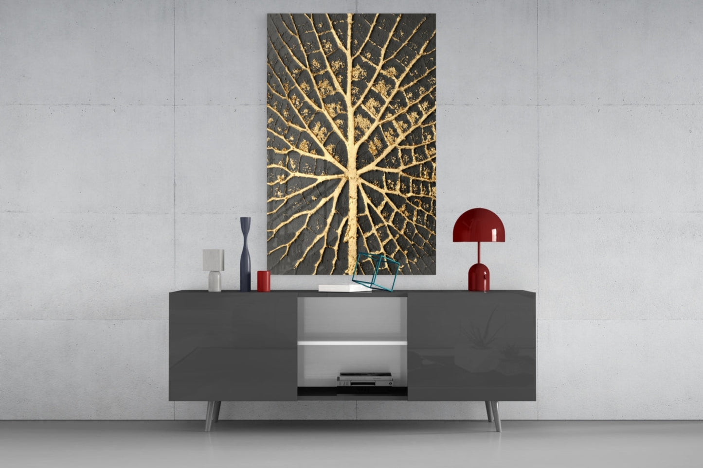 Gold Leaf Veins on Black Glass Wall Art