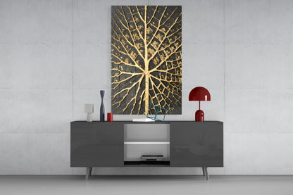 Gold Leaf Veins on Black Glass Wall Art
