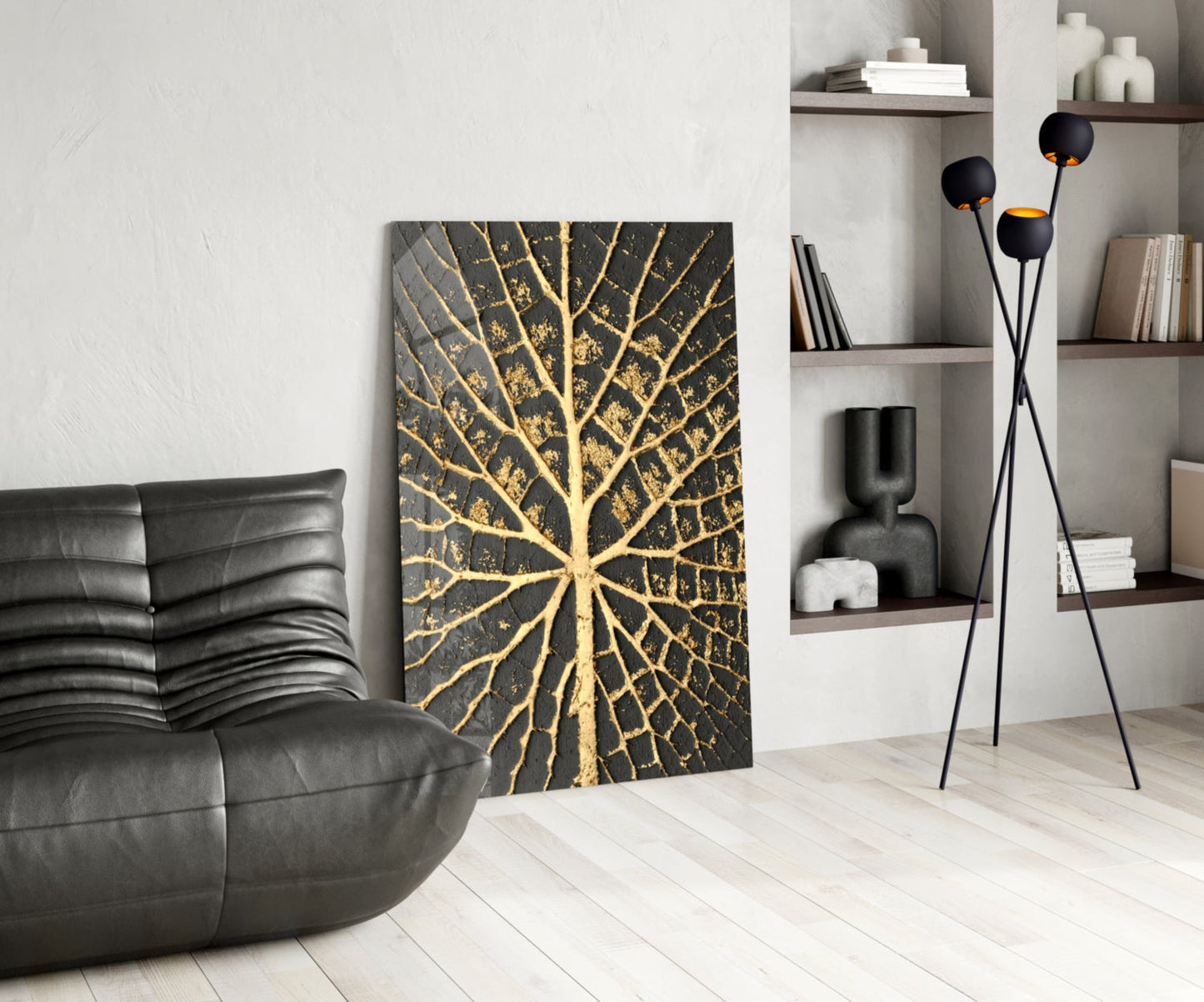 Gold Leaf Veins on Black Glass Wall Art