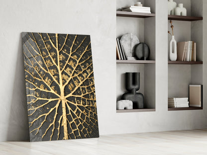 Gold Leaf Veins on Black Glass Wall Art