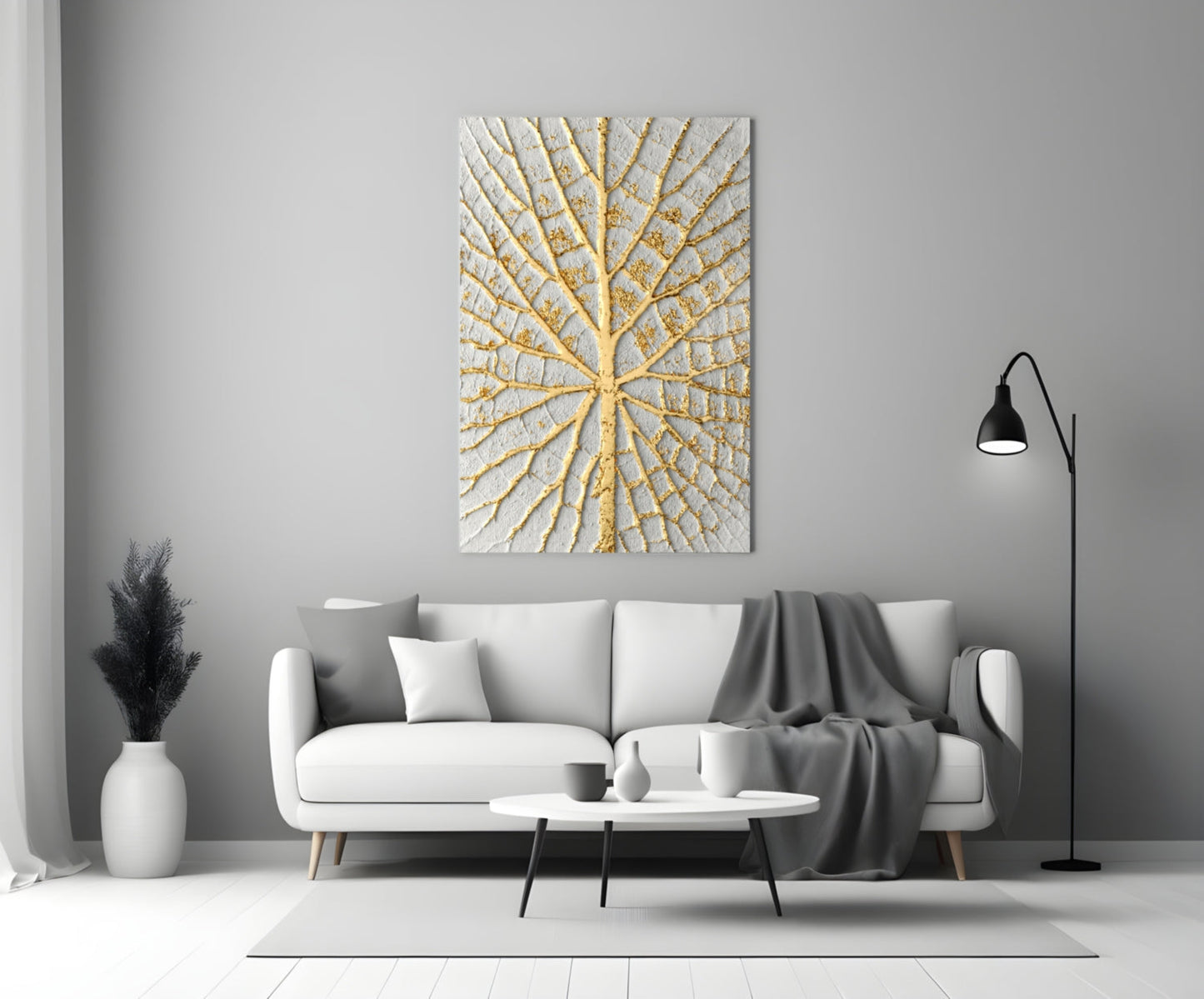 Gold Leaf Veins on White Glass Wall Art