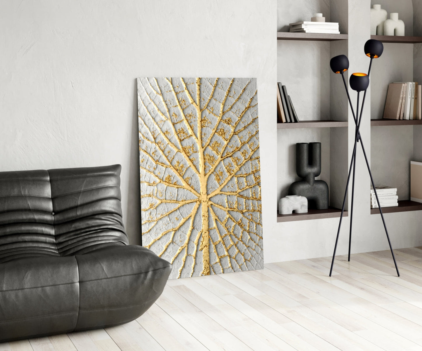 Gold Leaf Veins on White Glass Wall Art