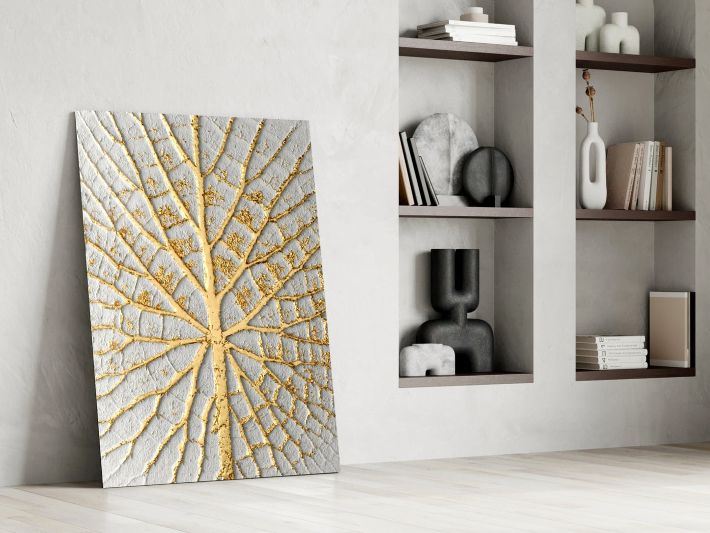 Gold Leaf Veins on White Glass Wall Art