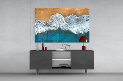 Aerial Golden Shore Waves Glass Wall Art