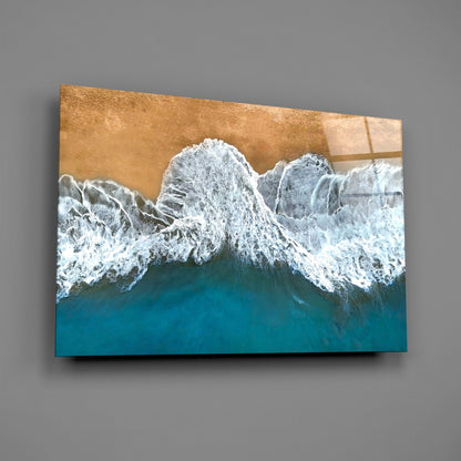 Aerial Golden Shore Waves Glass Wall Art