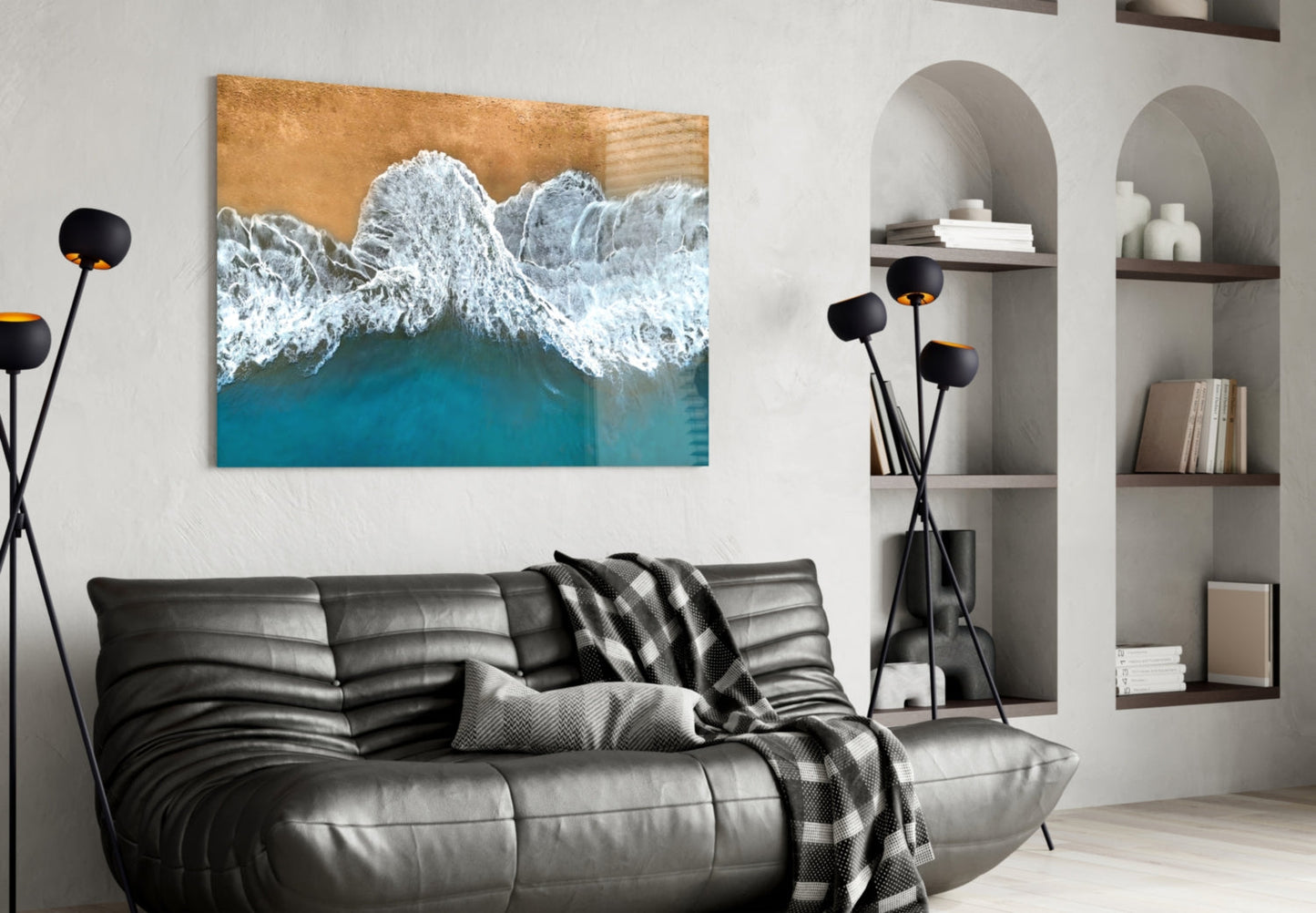 Aerial Golden Shore Waves Glass Wall Art