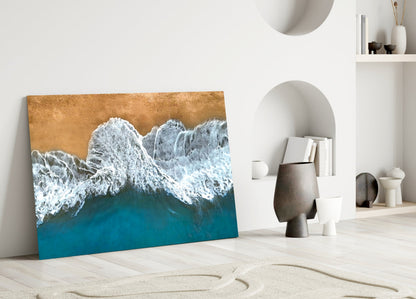 Aerial Golden Shore Waves Glass Wall Art