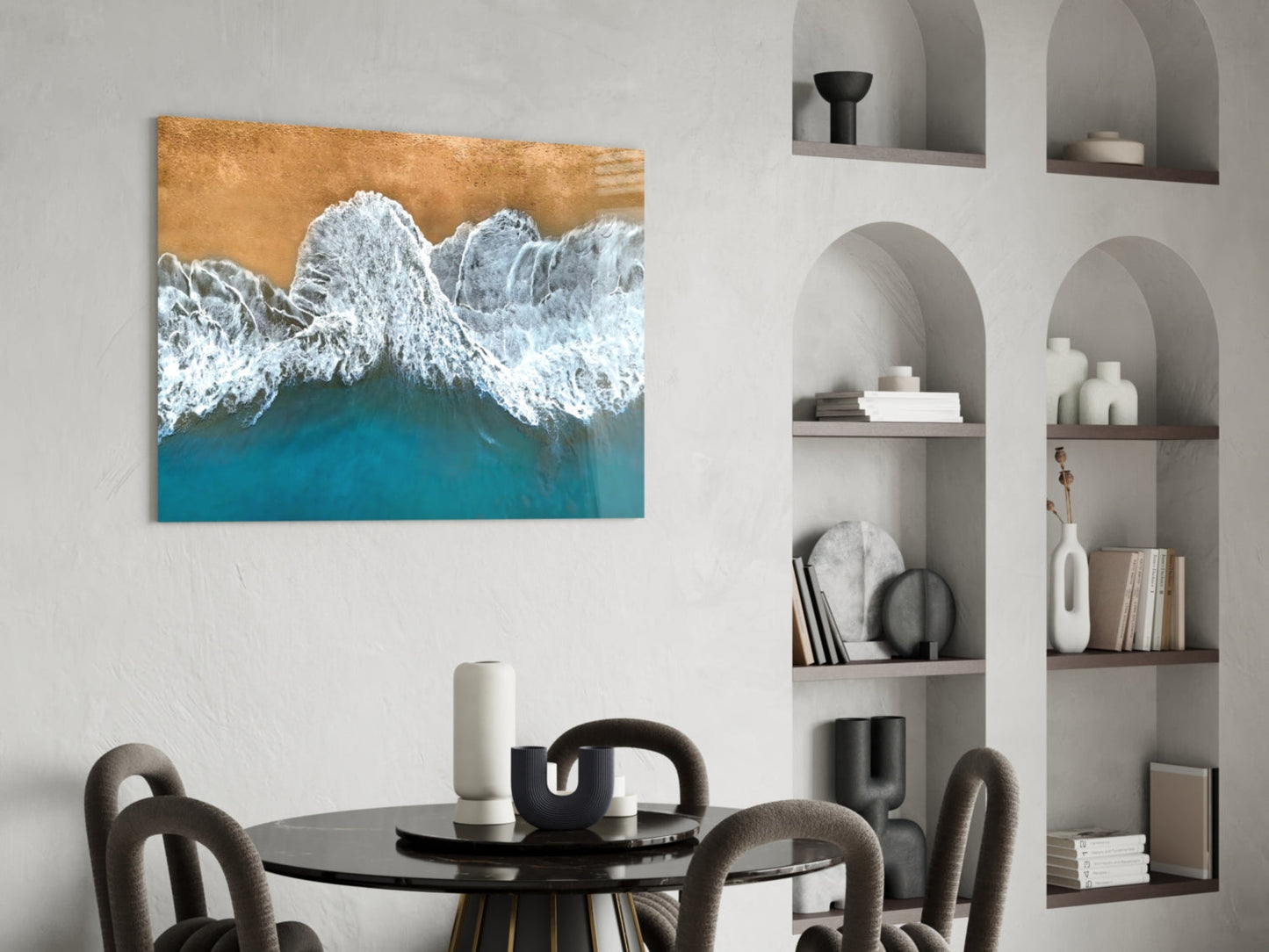 Aerial Golden Shore Waves Glass Wall Art