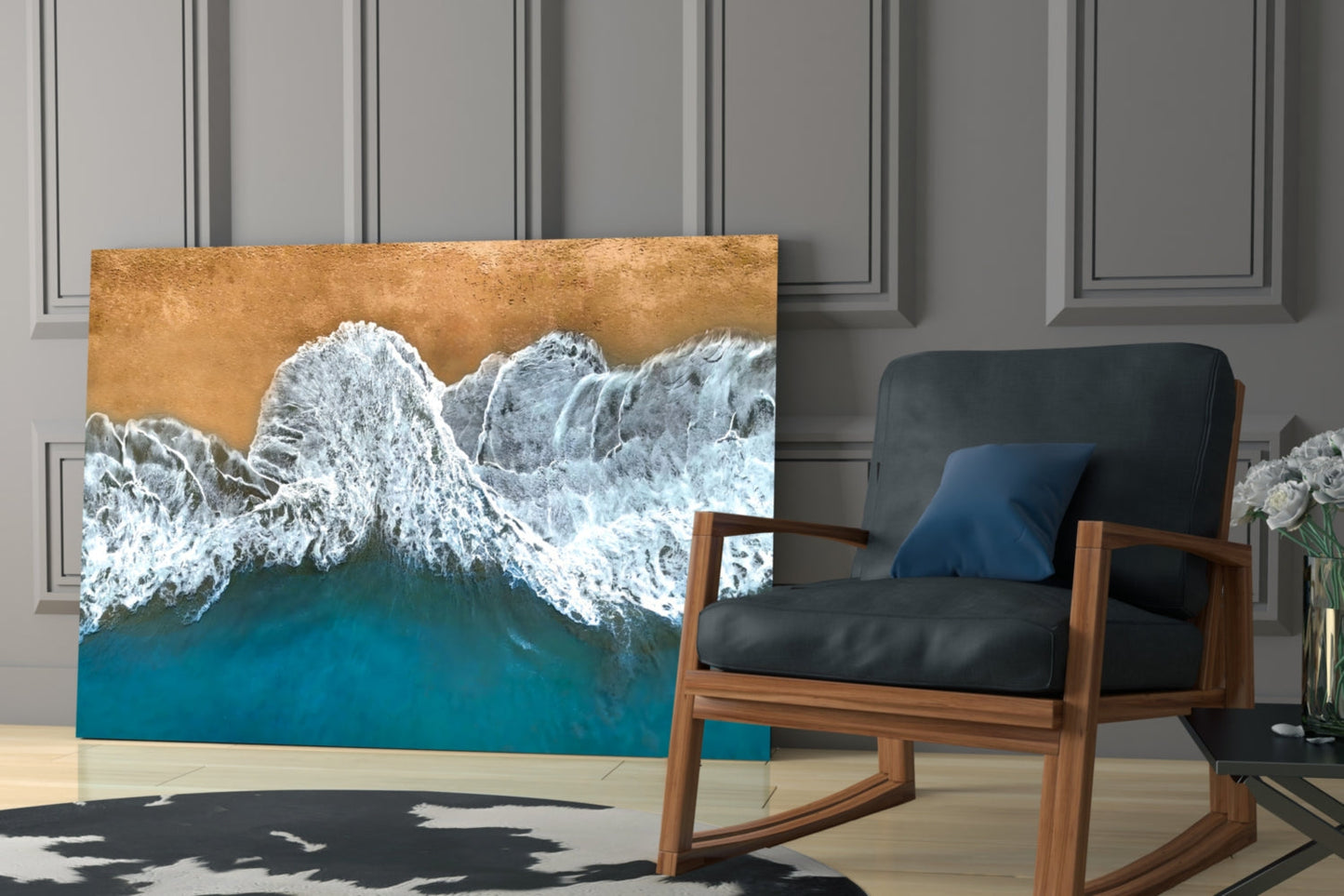 Aerial Golden Shore Waves Glass Wall Art