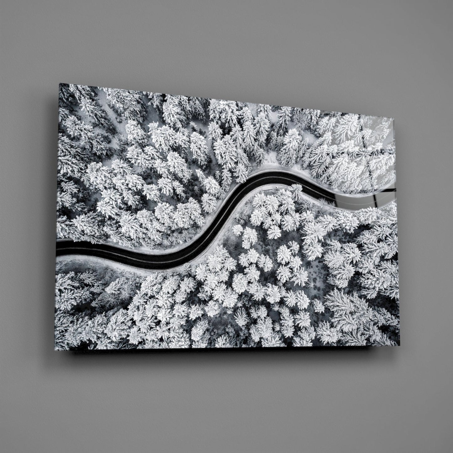 Aerial Snowy Forest Winding Road Glass Wall Art