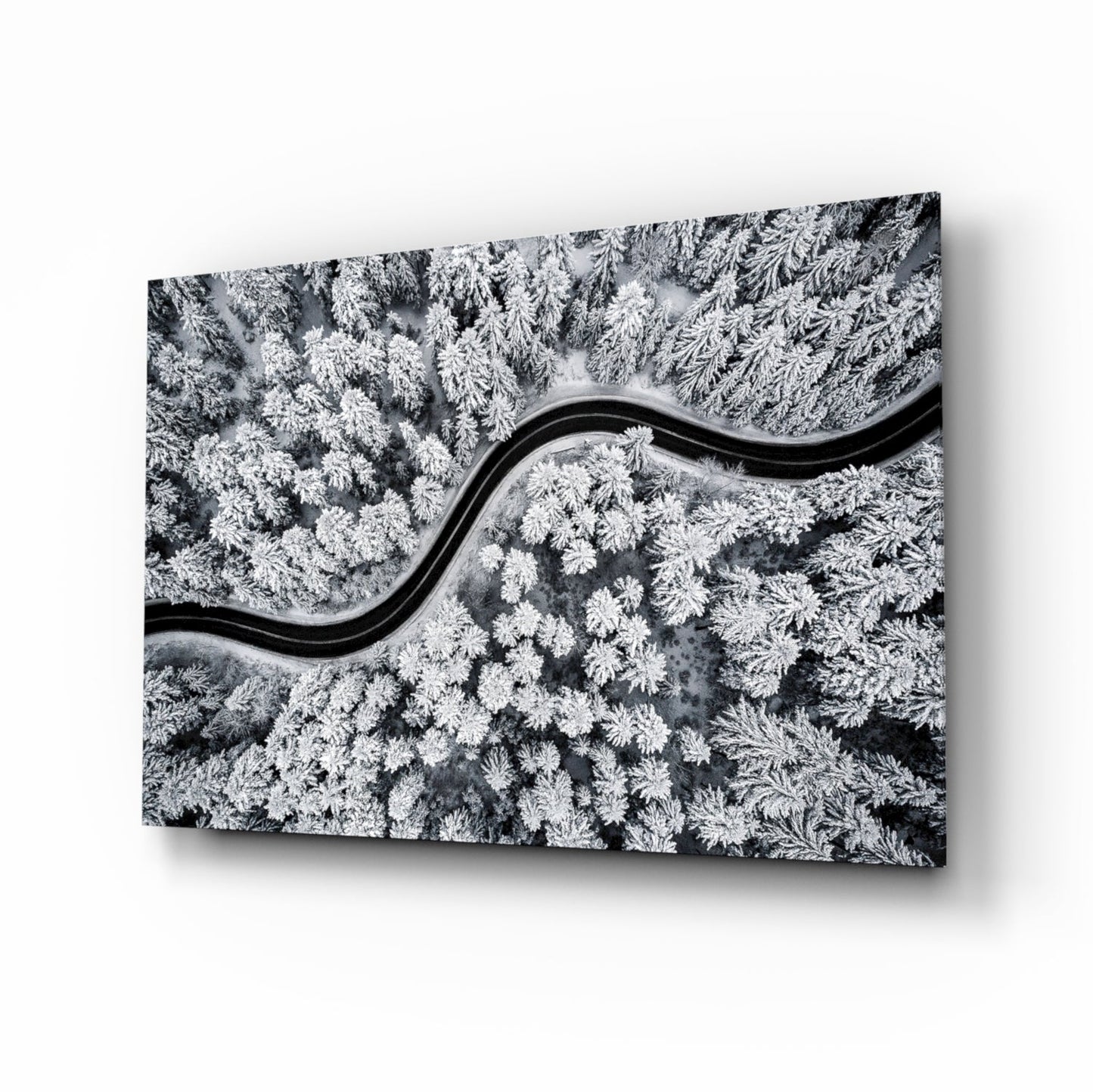 Aerial Snowy Forest Winding Road Glass Wall Art