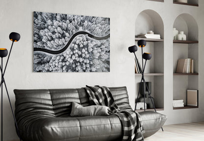 Aerial Snowy Forest Winding Road Glass Wall Art