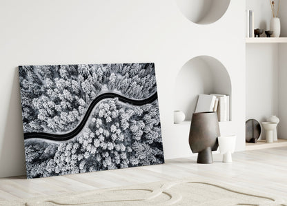 Aerial Snowy Forest Winding Road Glass Wall Art