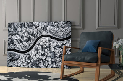Aerial Snowy Forest Winding Road Glass Wall Art