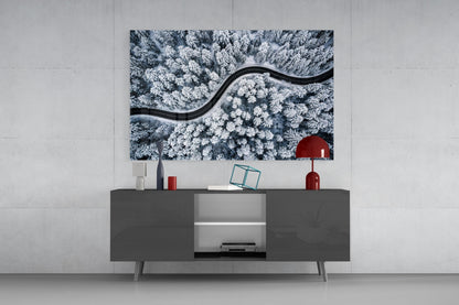 Icy Blue Aerial Snow Forest Road Glass Wall Art
