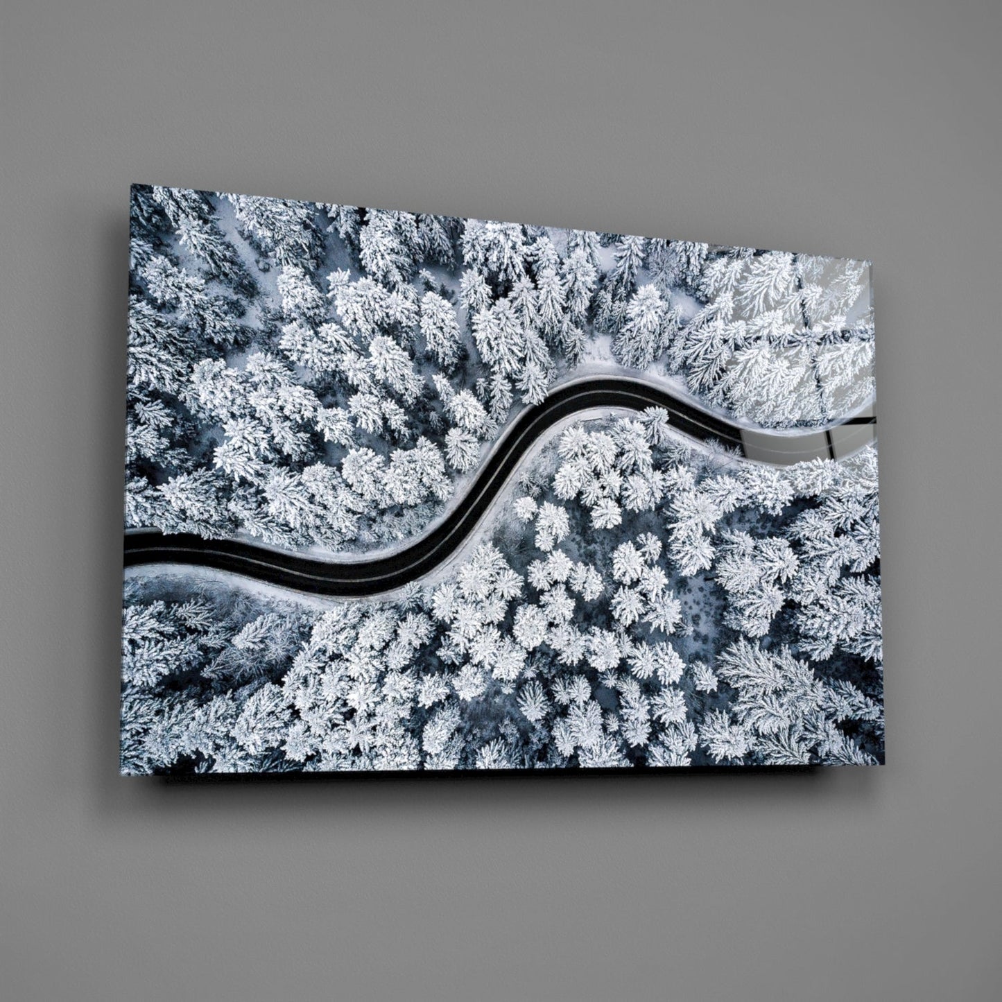 Icy Blue Aerial Snow Forest Road Glass Wall Art