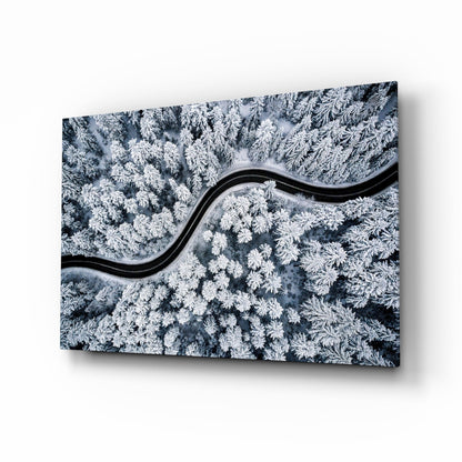 Icy Blue Aerial Snow Forest Road Glass Wall Art
