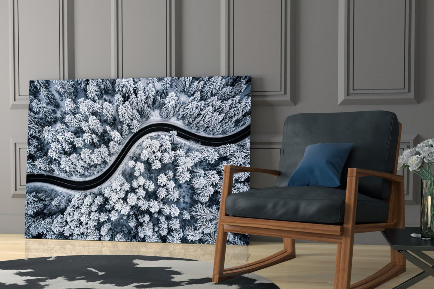 Icy Blue Aerial Snow Forest Road Glass Wall Art