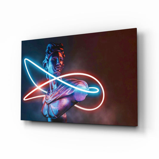 Classical bust sculpture with neon red and blue looping lines displayed on dark background, angled perspective view.