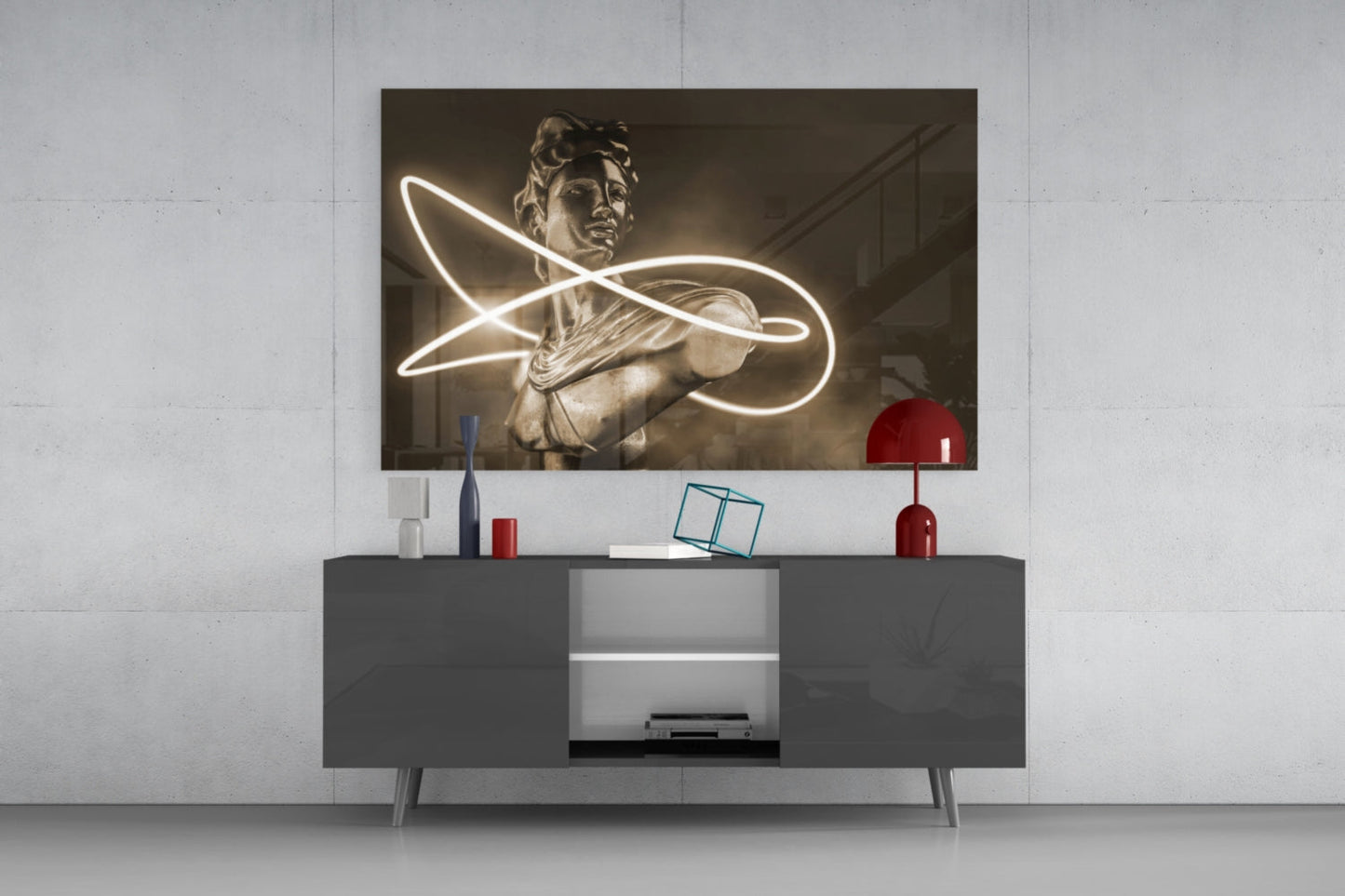Neon Loop Statue Sepia Glow Glass Wall Art