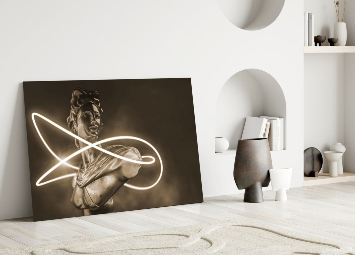 Neon Loop Statue Sepia Glow Glass Wall Art