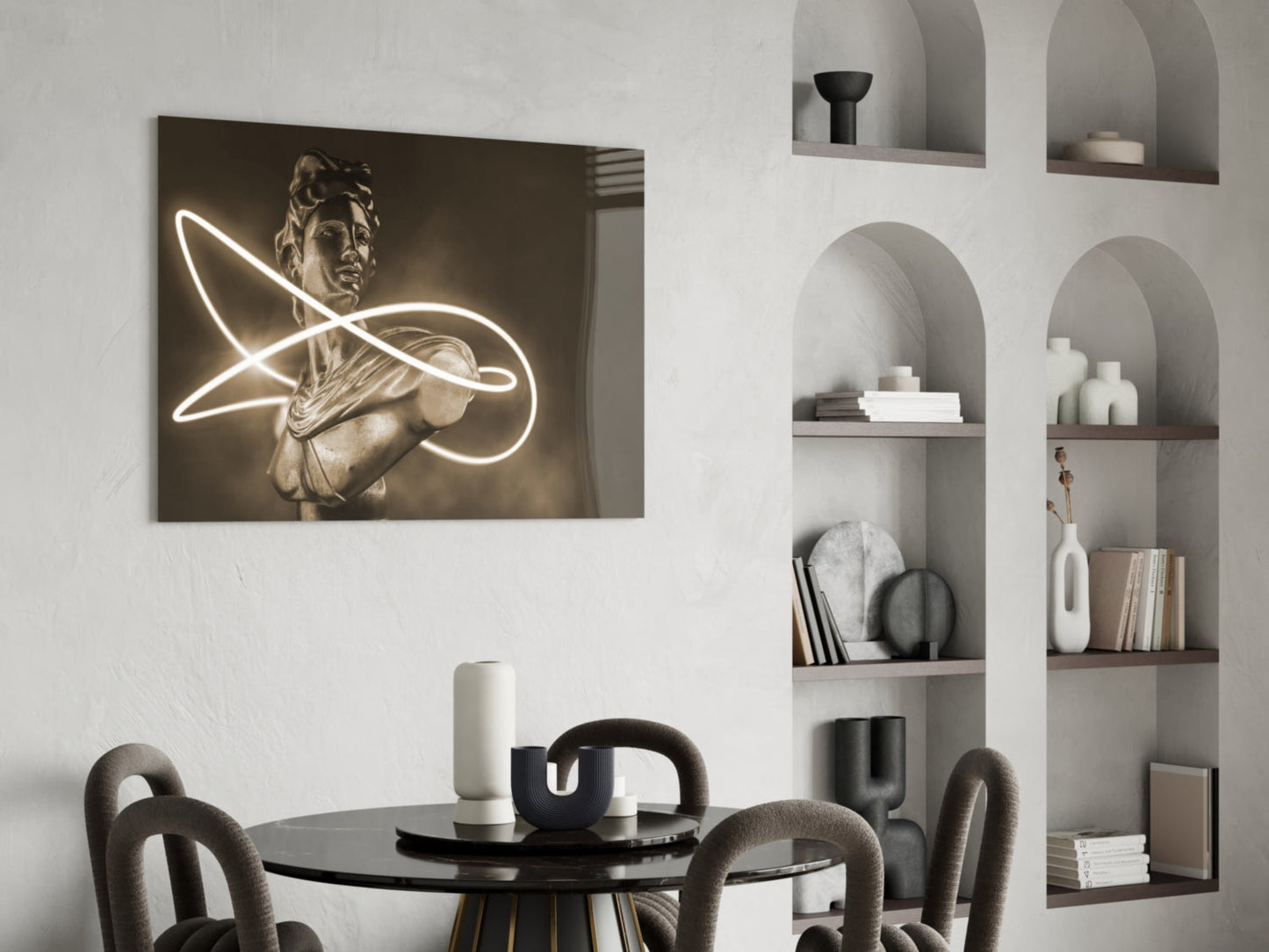 Neon Loop Statue Sepia Glow Glass Wall Art