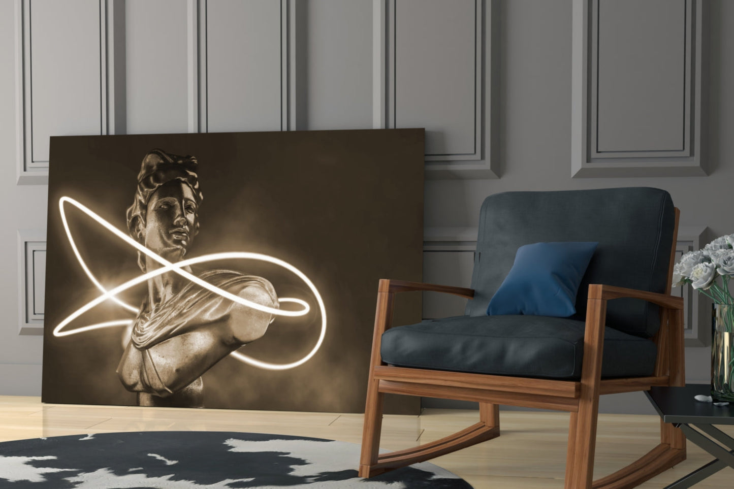 Neon Loop Statue Sepia Glow Glass Wall Art