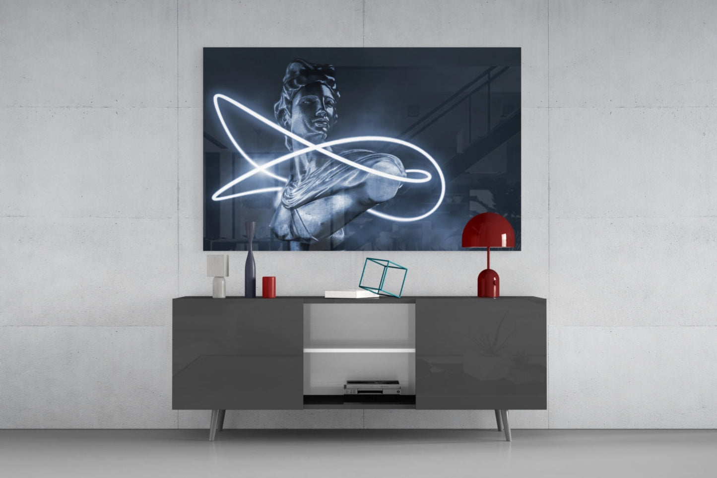 Neon Loop Statue Blue Mono Glass Wall Art