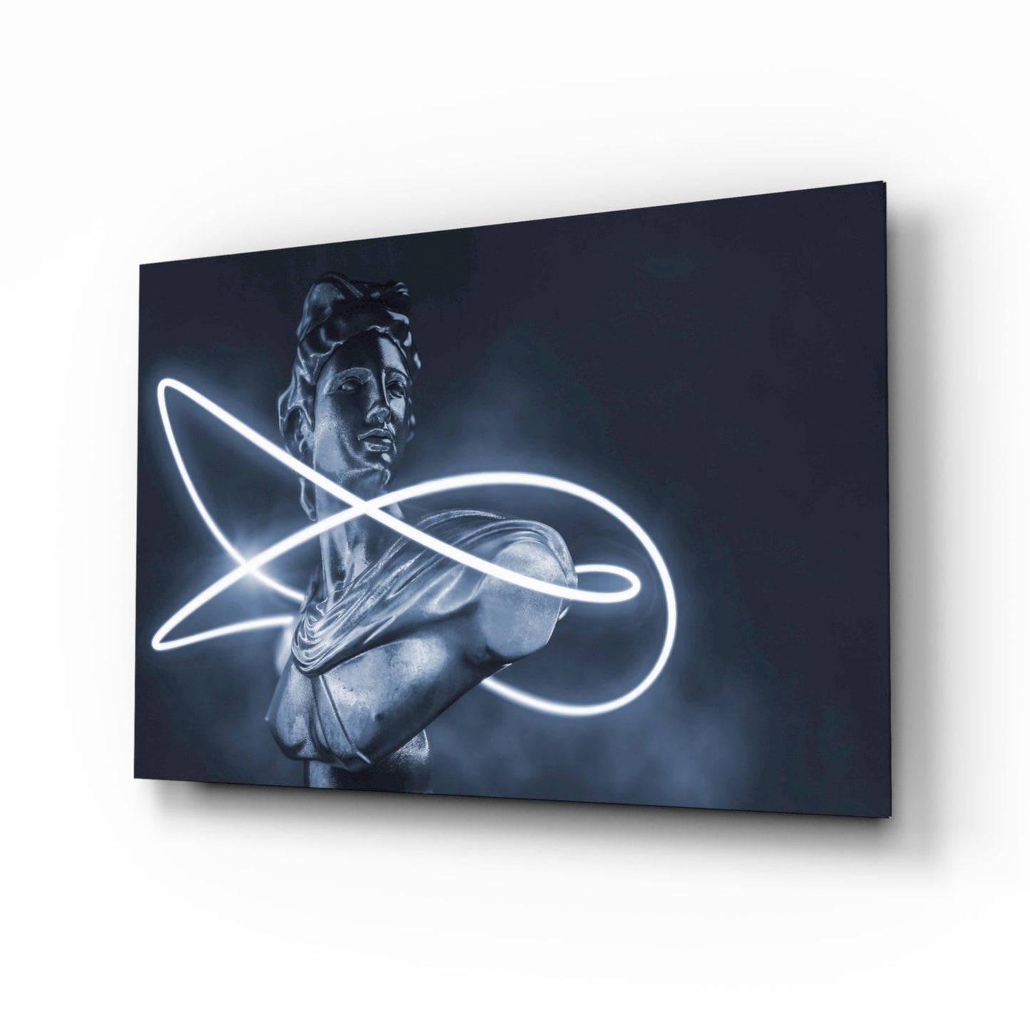 Neon Loop Statue Blue Mono Glass Wall Art
