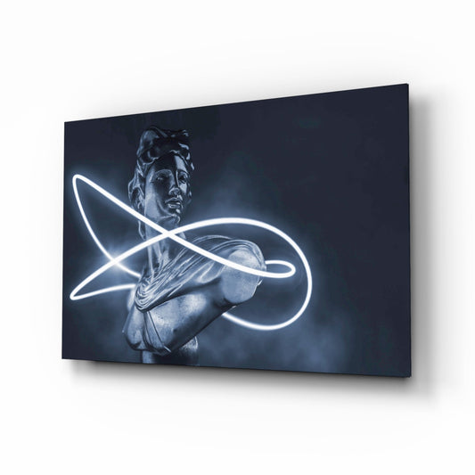 Neon Loop Statue Blue Mono Glass Wall Art