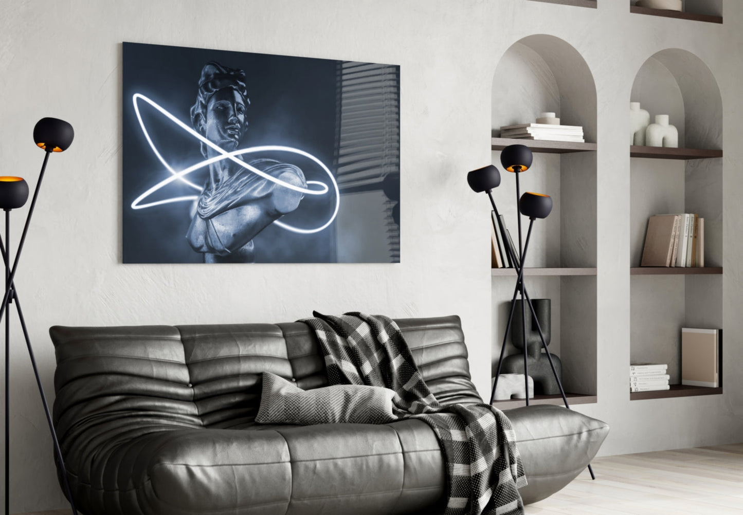 Neon Loop Statue Blue Mono Glass Wall Art
