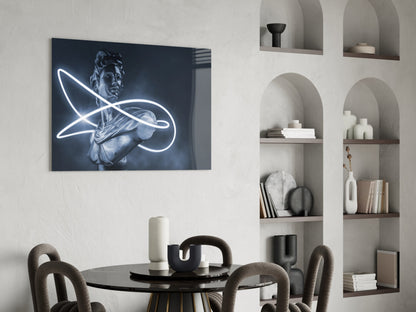 Neon Loop Statue Blue Mono Glass Wall Art