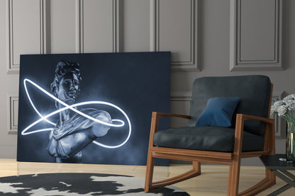 Neon Loop Statue Blue Mono Glass Wall Art