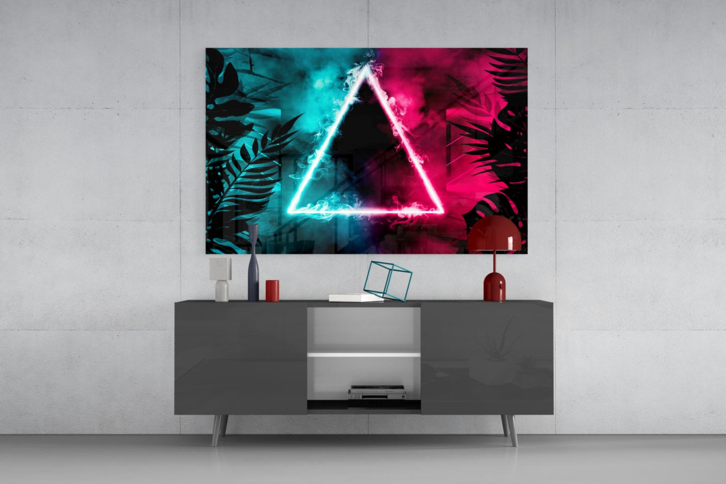 Neon Triangle Tropical Leaves Glass Wall Art