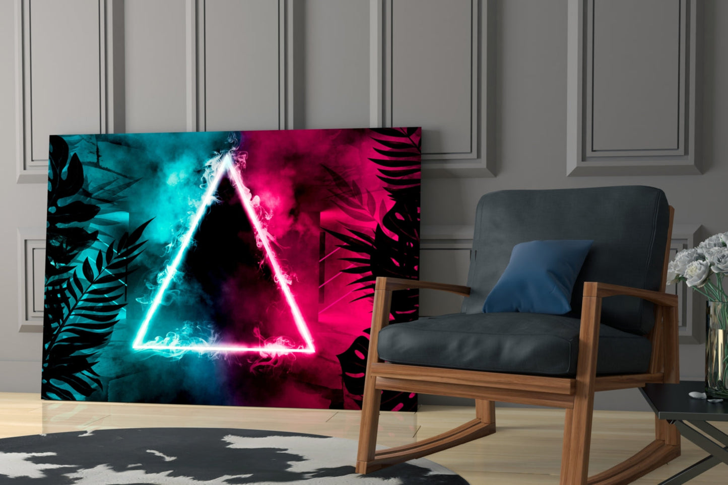 Neon Triangle Tropical Leaves Glass Wall Art