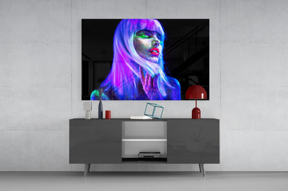 Neon Glow Purple Hair Woman Glass Wall Art