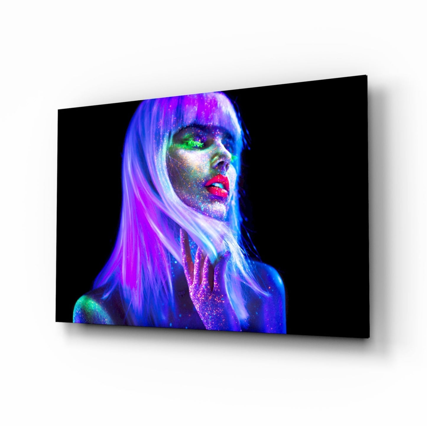 Neon Glow Purple Hair Woman Glass Wall Art