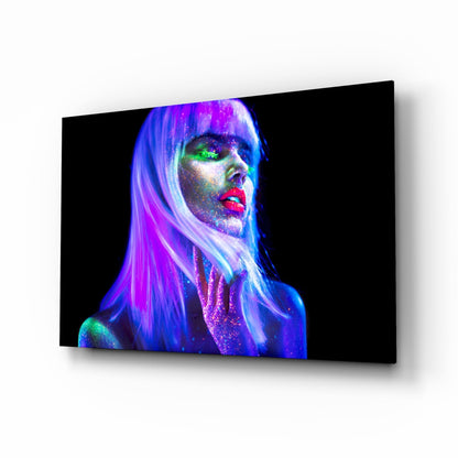 Neon Glow Purple Hair Woman Glass Wall Art