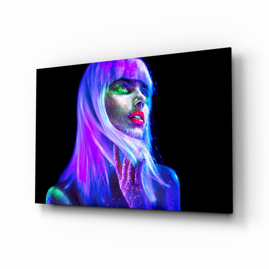 Neon Glow Purple Hair Woman Glass Wall Art