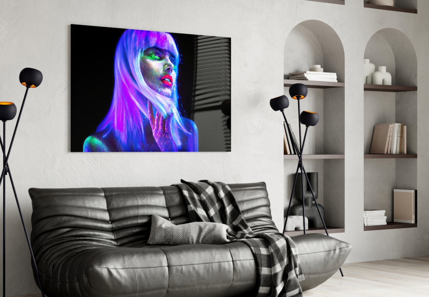Neon Glow Purple Hair Woman Glass Wall Art