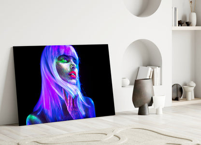 Neon Glow Purple Hair Woman Glass Wall Art