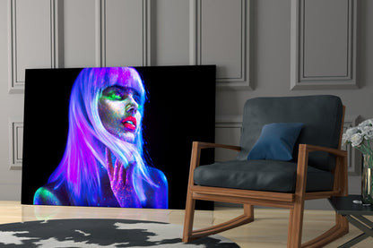 Neon Glow Purple Hair Woman Glass Wall Art