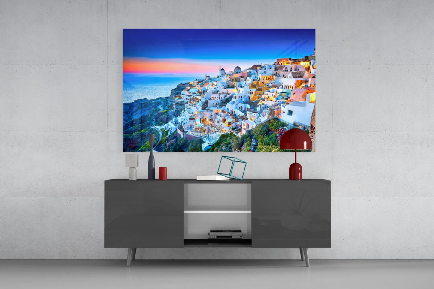 Twilight Blue Hour Cliffside Santorini Glass Wall Art
