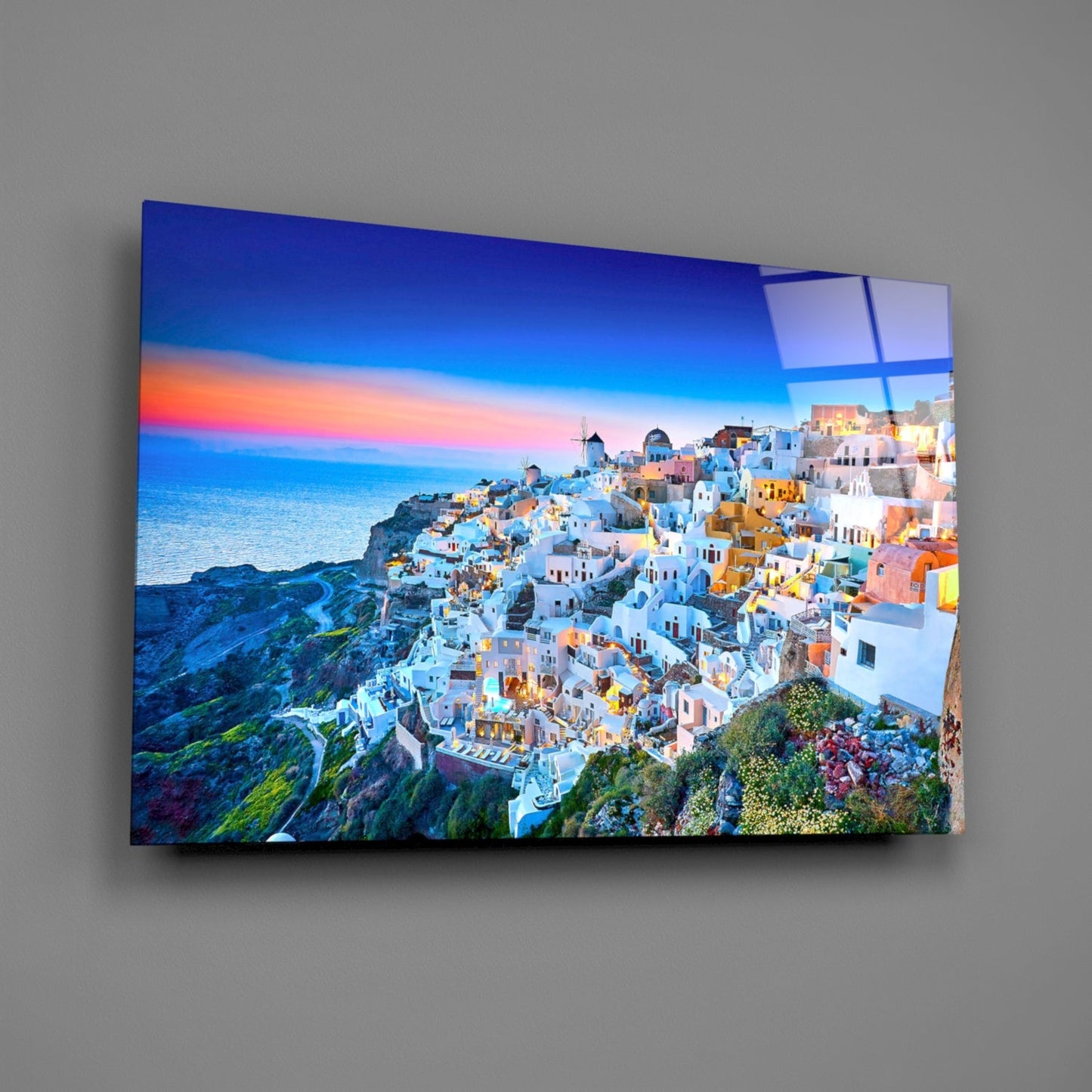 Twilight Blue Hour Cliffside Santorini Glass Wall Art