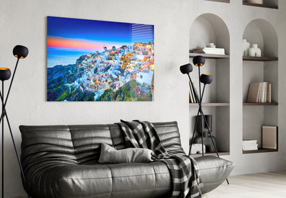 Twilight Blue Hour Cliffside Santorini Glass Wall Art