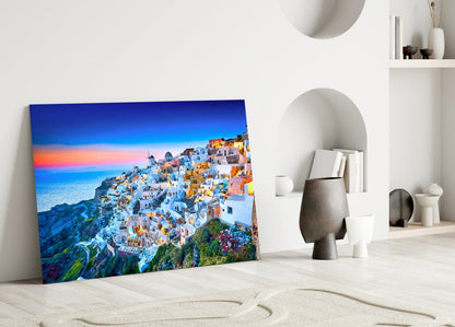 Twilight Blue Hour Cliffside Santorini Glass Wall Art