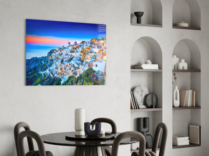 Twilight Blue Hour Cliffside Santorini Glass Wall Art