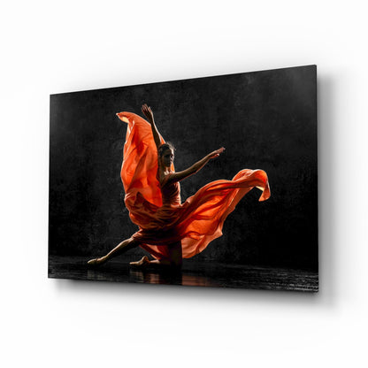 Orange Flowing Dress Dancer on Black Glass Wall Art