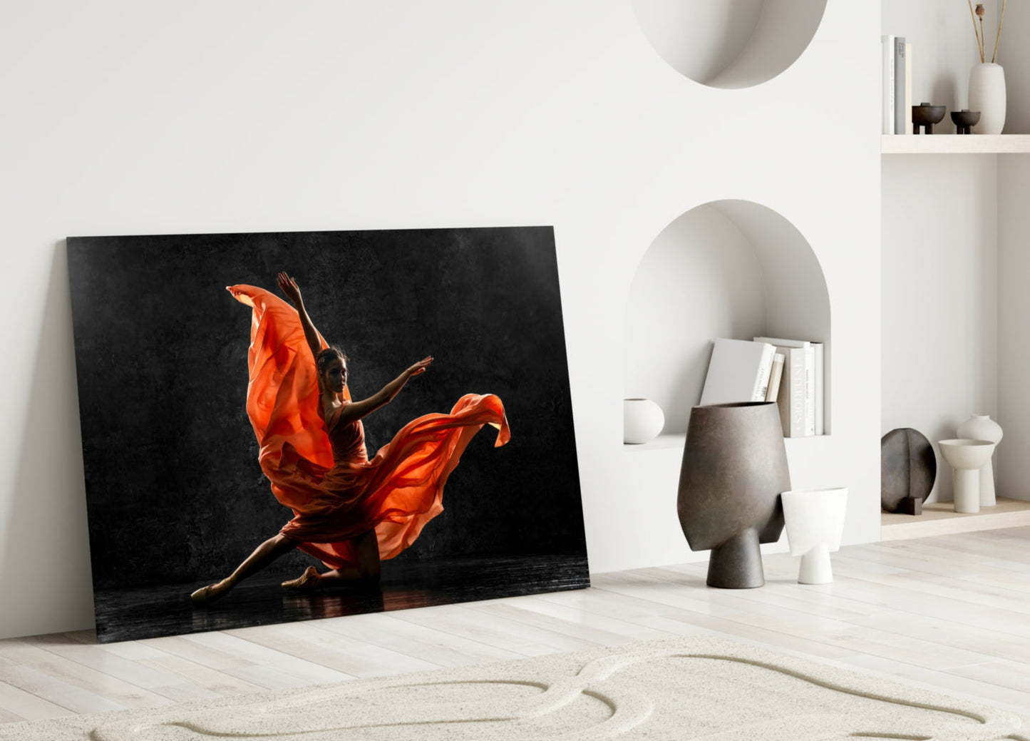 Orange Flowing Dress Dancer on Black Glass Wall Art