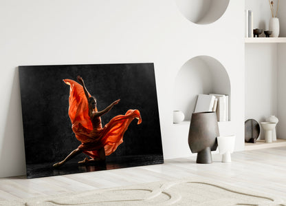 Orange Flowing Dress Dancer on Black Glass Wall Art